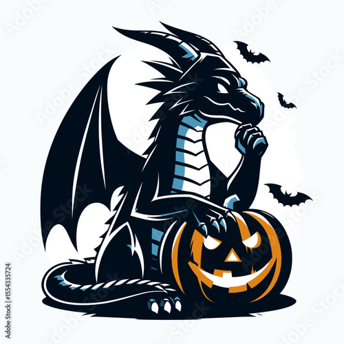 Dragon wear ghost costume and sitting on jack o pumpkin. Halloween Witch Bat Spooky Scary Clipart Line Art Vector Illustration. Reptile in phantom attire atop carved gourd for fall.