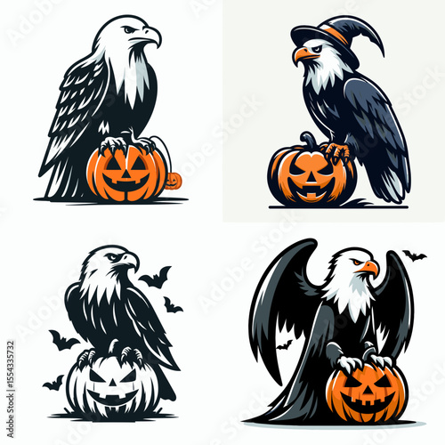 Eagle wear ghost costume and sitting on jack o pumpkin. Halloween Witch Bat Spooky Scary Clipart Line Art Vector Illustration. Raptor in phantom garb upon carved gourd a funny fall image.