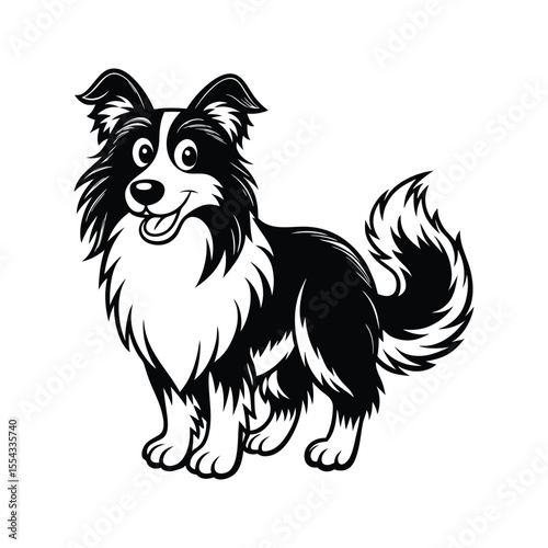 Happy cartoon collie puppy silhouette isolated on white background