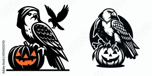 Falcon wear ghost costume and sitting on jack o pumpkin. Halloween Witch Bat Spooky Scary Clipart Line Art Vector Illustration. Bird in phantom garb atop carved gourd festive autumn scene.