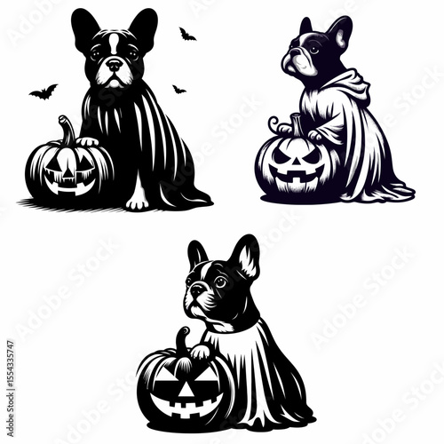 French Bulldog wear ghost costume and sitting on jack o pumpkin. Halloween Witch Bat Spooky Scary Clipart Line Art Vector Illustration. Canine dressed as phantom upon carved gourd autumn.