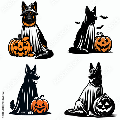 German Shepherd Dog wear ghost costume and sitting on jack o pumpkin. Halloween Witch Bat Spooky Scary Clipart Line Art Vector Illustration. Canine in phantom attire atop gourd at autumn.