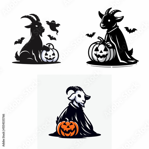 Goat wear ghost costume and sitting on jack o pumpkin. Halloween Witch Bat Spooky Scary Clipart Line Art Vector Illustration. Kid in phantom garb atop carved gourd a creature autumn image.