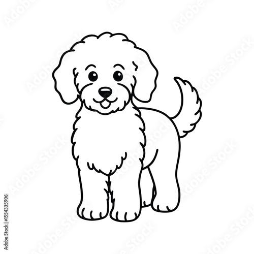 Happy cartoon dog with curly fur silhouette isolated on white background