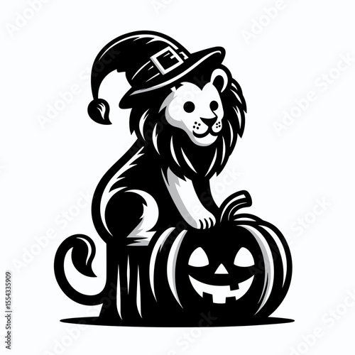 Lion wear ghost costume and sitting on jack o pumpkin. Halloween Witch Bat Spooky Scary Clipart Line Art Vector Illustration. Feline in phantom apparel atop carved gourd autumn celebration.