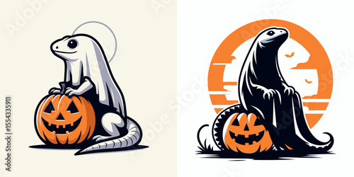 Lizard wear ghost costume and sitting on jack o pumpkin. Halloween Witch Bat Spooky Scary Clipart Line Art Vector Illustration. Reptile don phantom attire resting atop carved gourd.