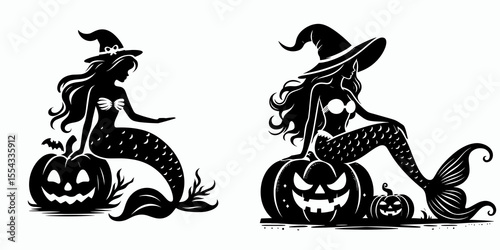 Mermaid wear ghost costume and sitting on jack o pumpkin. Halloween Witch Bat Spooky Scary Clipart Line Art Vector Illustration. Sea maiden don apparel gourd seat for fun dressup.