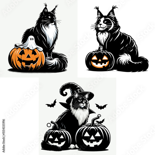 Maine Coon Cat wear ghost costume and sitting on jack o pumpkin. Halloween Witch Bat Spooky Scary Clipart Line Art Vector Illustration. Large feline donned in phantom attire atop carved.