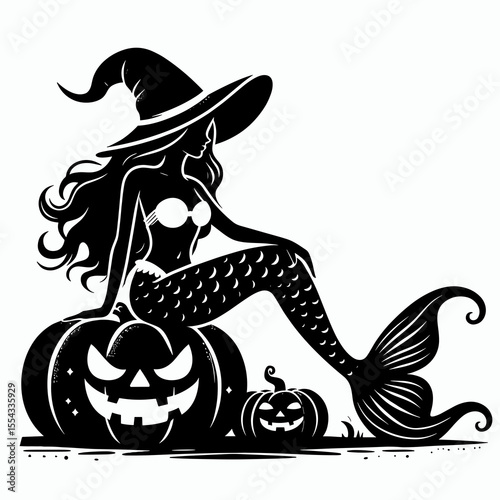 Mermaid wear ghost costume and sitting on jack o pumpkin. Halloween Witch Bat Spooky Scary Clipart Line Art Vector Illustration. Sea maiden don spirit apparel atop carved gourd image.