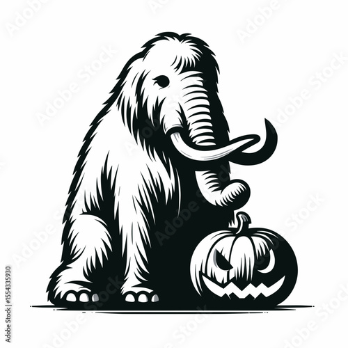 Mammoth wear ghost costume and sitting on jack o pumpkin. Halloween Witch Bat Spooky Scary Clipart Line Art Vector Illustration. Colossal beast in spectral attire atop carved gourd autumn.