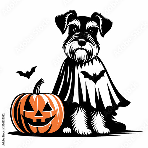 Miniature Schnauzer Dog wear ghost costume and sitting on jack o pumpkin. Halloween Witch Bat Spooky Scary Clipart Line Art Vector Illustration. Small canine in spectral garb atop carved.