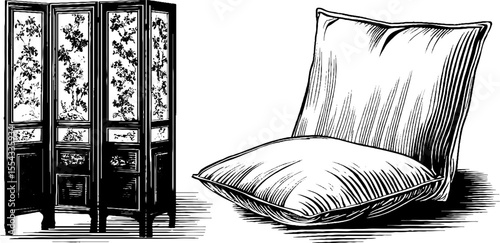 Oriental style screen and cushion illustration for home decor design