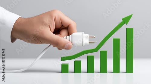 Green Sustainable Technology Innovation concept, Hand plugging in an electrical cord next to a growing graph.