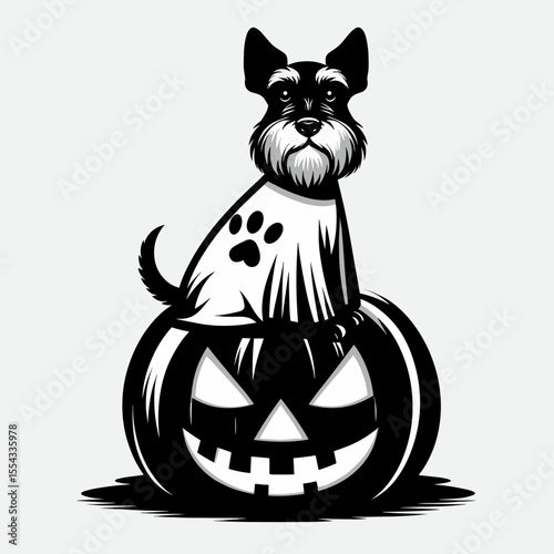 Miniature Schnauzer Dog wear ghost costume and sitting on jack o pumpkin. Halloween Witch Bat Spooky Scary Clipart Line Art Vector Illustration. Small canine in spectral attire atop carved.