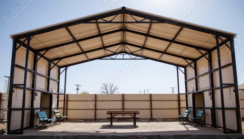 Large outdoor community shelter with metal frame and roof, open sides and seating area, ideal for gathes, events, and recreational activities in public spaces