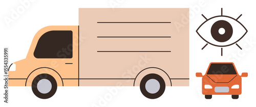 Delivery truck alongside sedan car and eye graphic symbolizing transportation safety, delivery, traffic monitoring, and surveillance. Ideal for logistics, automotive, safety, tracking, management