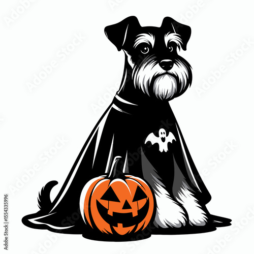 Miniature Schnauzer Dog wear ghost costume and sitting on jack o pumpkin. Halloween Witch Bat Spooky Scary Clipart Line Art Vector Illustration. Tiny canine in phantom garb carved gourd.