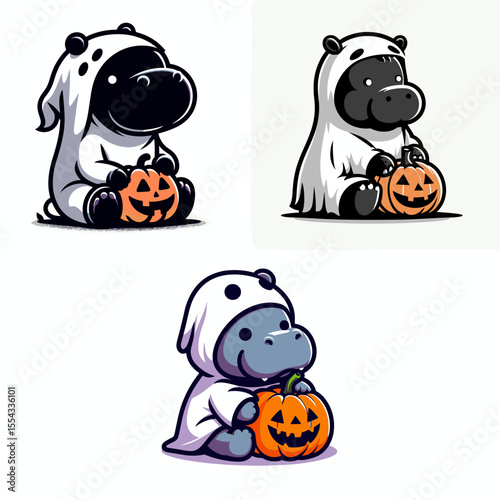 Pygmy hippo wear ghost costume and sitting on jack o pumpkin. Halloween Witch Bat Spooky Scary Clipart Line Art Vector Illustration. Tiny don ghostly apparel atop carved gourd an autumn.