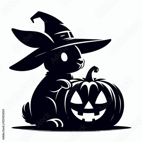 Rabbit wear ghost costume and sitting on jack o pumpkin. Halloween Witch Bat Spooky Scary Clipart Line Art Vector Illustration. Bunny in phantom garb top of carved gourd a fall holiday.