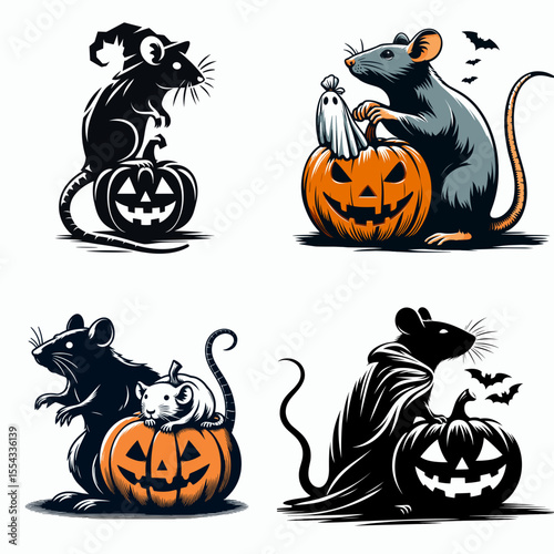 Rat wear ghost costume and sitting on jack o pumpkin. Halloween Witch Bat Spooky Scary Clipart Line Art Vector Illustration. Rodent in phantom attire atop carved gourd fall image.