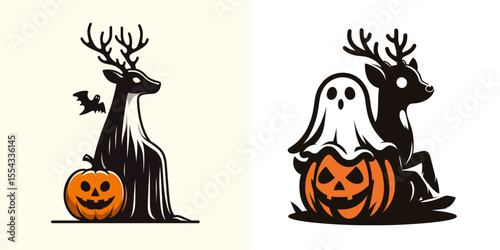 Reindeer wear ghost costume and sitting on jack o pumpkin. Halloween Witch Bat Spooky Scary Clipart Line Art Vector Illustration. Caribou dons phantom garb atop hollowed gourd a seasonal.