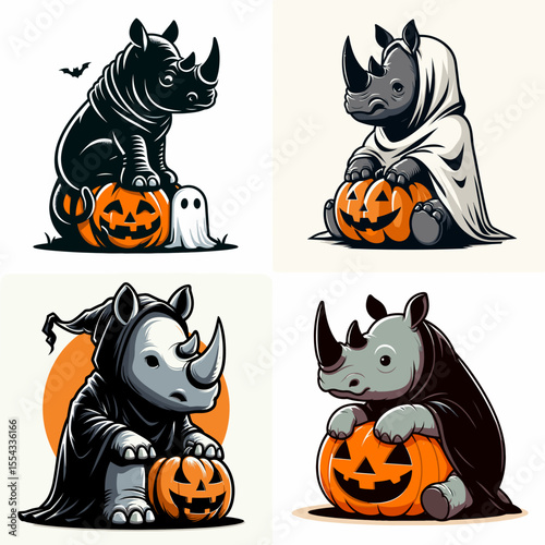 Rhino wear ghost costume and sitting on jack o pumpkin. Halloween Witch Bat Spooky Scary Clipart Line Art Vector Illustration. Horned beast dons spectral attire gourd seat for fall fun.