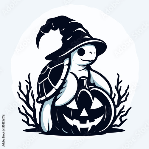 Sea Turtle wear ghost costume and sitting on jack o pumpkin. Halloween Witch Bat Spooky Scary Clipart Line Art Vector Illustration. Ocean reptile in phantom attire atop a carved gourd.