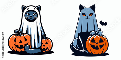 Russian Blue Cat wear ghost costume and sitting on jack o pumpkin. Halloween Witch Bat Spooky Scary Clipart Line Art Vector Illustration. feline in phantom attire atop a carved gourd fall.