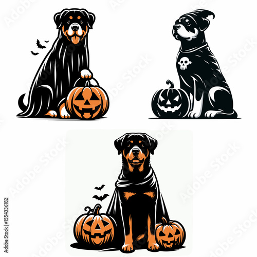 Rottweiler Dog wear ghost costume and sitting on jack o pumpkin. Halloween Witch Bat Spooky Scary Clipart Line Art Vector Illustration. canine donning spectral garb atop carved gourd.