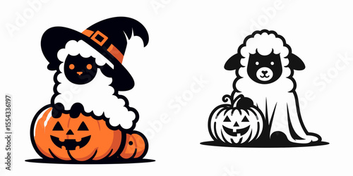Sheep wear ghost costume and sitting on jack o pumpkin. Halloween Witch Bat Spooky Scary Clipart Line Art Vector Illustration. Wooly lamb in phantom attire atop a carved gourd image.
