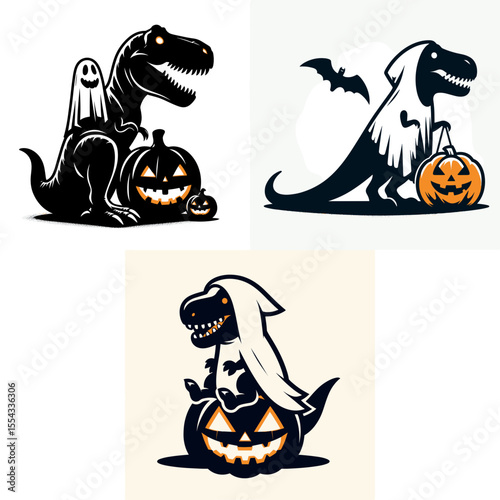 T rex wear ghost costume and sitting on jack o pumpkin. Halloween Witch Bat Spooky Scary Clipart Line Art Vector Illustration. Dinosaur dressed as phantom perched atop carved gourd autumn.