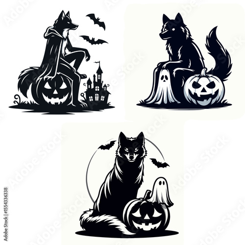 Wolf wear ghost costume and sitting on jack o pumpkin. Halloween Witch Bat Spooky Scary Clipart Line Art Vector Illustration. Canine dressed as phantom resting atop carved gourd celebration.
