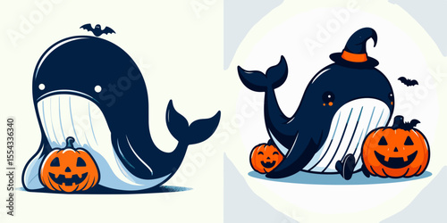 Whale wear ghost costume and sitting on jack o pumpkin. Halloween Witch Bat Spooky Scary Clipart Line Art Vector Illustration. Cetacean in phantom garb atop carved gourd a aquatic treat.