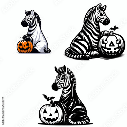 Zebra wear ghost costume and sitting on jack o pumpkin. Halloween Witch Bat Spooky Scary Clipart Line Art Vector Illustration. Equine in spectral garb atop a carved gourd decoration for fall.