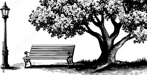 Ornate park bench and vintage lamp post with tree silhouette for retro design