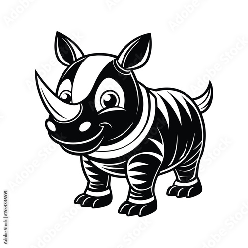 Happy cartoon rhino silhouette isolated on white background