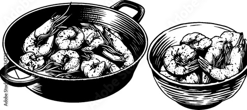 Vintage culinary art featuring paella pan with saffron and shrimp for kitchen decor