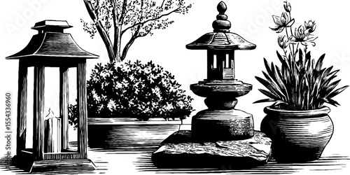 Japanese style paper lanterns and bamboo elements for traditional decor designs