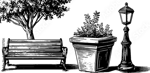 Vintage park scene with bench, planter box, and lamp post for retro design