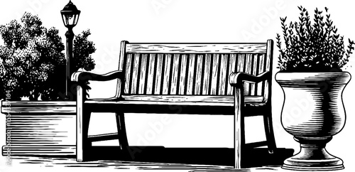 Vintage park bench with planter box and lamp post for garden design