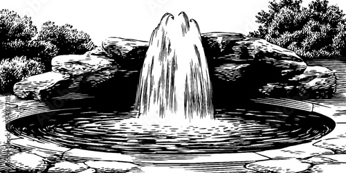 Vintage park fountain with water jet and basin for classic landscape design