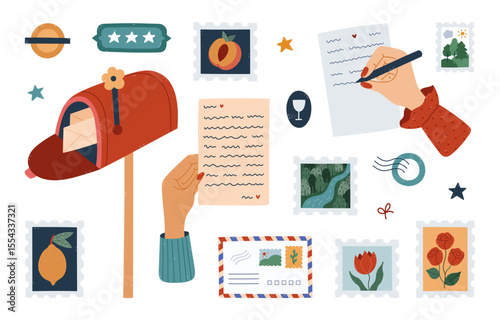 Lovely cartoon postal and mail set with residential mailbox, women handwriting a letter, postage stamps with roses and woods picture. Cute hand drawn postage clipart isolated on white background.