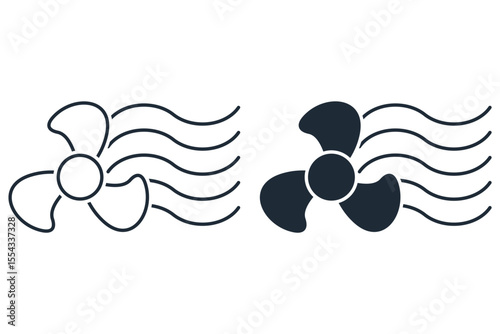  Fan with wind and air flow. Ventilator, propeller, cooler, conditioner. Vector linear icon illustration isolated on white background.