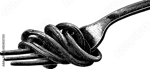 Hand drawn fork with spaghetti swirl and tomato illustration for italian cuisine designs
