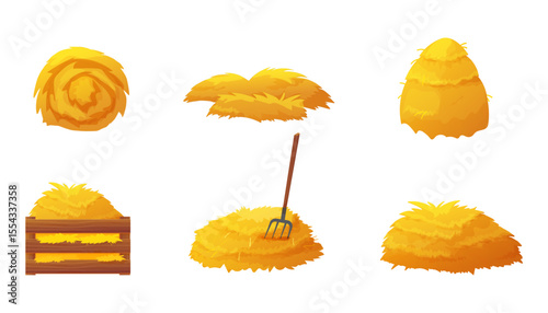 Set of hay and straw clipart. Includes flat farm piles, isolated bales, grass stacks, wooden box, rake, and sack. Perfect for village scenes, agriculture projects, and rural icons.