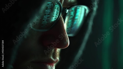 In a dimly lit room, a shadowy figure intently analyzes bright green code on digital screens. The intense focus in their glasses reveals a world of secrets and technology.