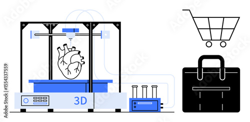 3D printer fabricating human heart for medical use, accompanied by shopping cart and briefcase. Ideal for healthcare, technology, innovation, business, research, biotechnology, futuristic concepts