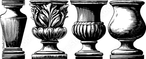 Elegant neoclassical pedestal urns with anthemion carvings for decorative design