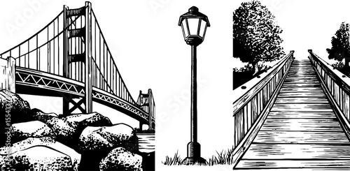 Vintage bridge and walkway hand drawn illustrations for retro design projects