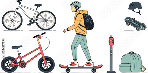Colorful flat Icon Set of Personal Transportation Modes Bicycles, Scooters, and Mobility Gear in Minimal Style on White Background.